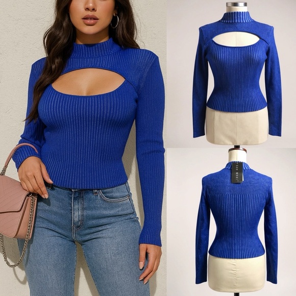 239 Say What | NWT $34 Blue Cut-Out Sweater Top (Size M) - Picture 1 of 14